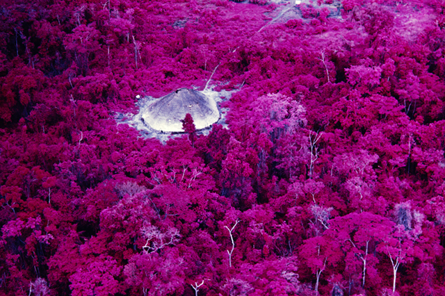 Collective house near the Catholic mission on the Catrimani River, Roraima, infrared film, 1976